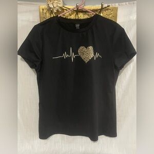 Black Short-Sleeve Tee with Leopard Heart Beat Graphic